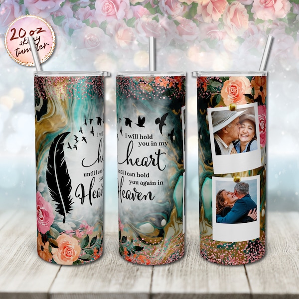 Memorial Picture Pink Rose Gold Turquoise Marble Milky Way I Will Hold You In My Heart 20oz Skinny Tumbler Sublimation Design Wrap Template