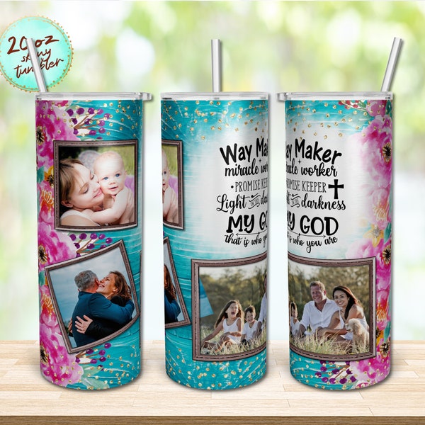 Way Maker Miracle Worker Promise Keeper, Picture Frame Tumbler Floral Sublimation 20 oz Skinny Tumbler Design Instant Download Digital PNG.