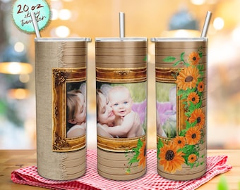 Marco de imagen Skinny Tumbler de 20 oz. Diseño de sublimación fotográfica de madera de girasol de un solo marco. PNG Instant Download, SOLO DIGITAL.