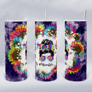 Mom Life PNG Sunflower 20oz Skinny Tumbler Sublimation, Purple Tie Dye Digital Download
