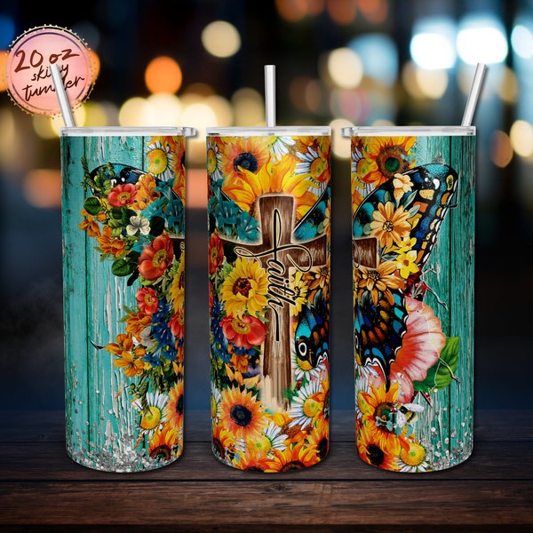 Sunflower Butterfly, Faith Cross PNG 20oz Skinny Tumbler Sublimation Design Instant Digital Download ONLY Floral Sunflower Wood Rustic Grain