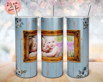 Cornice per foto Tumbler finto legno rosa acquerello foto singola sublimazione design 20 oz Skinny Tumbler Wrap PNG Instant Digital Only.