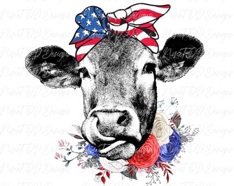 4 de julho vaca patriótica, sublimação de bandana da bandeira americana, clipart, designs PNG, design de sublimação, PNG, download digital,