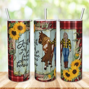 Just a girl who loves Horses, Sunflower Buffalo Plaid Designs, 20oz Skinny Tumbler Templates PNG Sublimation Designs for Tumblers.