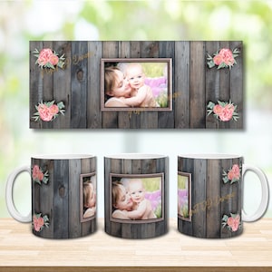 May include: A white ceramic mug with a woodgrain design and a floral pattern. The mug features a framed photo of two people hugging. The text "Great Tip Designs" is visible on the mug.