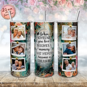 In Loving Memory Photo Tumbler, When Someone You Love, Turquoise Marble Milky Way Memorial Quotes 20 oz Skinny Tumbler Sublimation Design.
