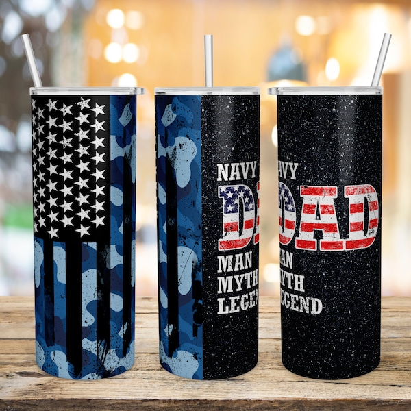 Navy Dad Man Myth Legend Patriotic American Flag, Fathers day Tumbler 20oz Skinny Tumbler Sublimation Designs, Straight Tapered PNG Download