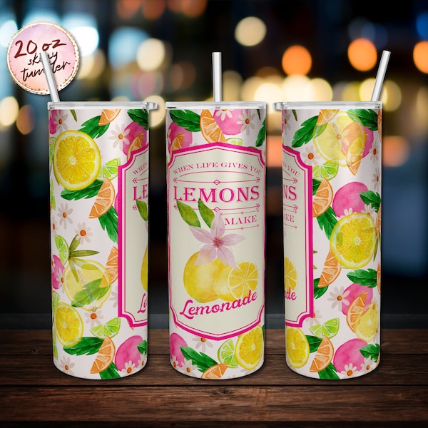 Pink Glitter Lemons, When Life Gives You Lemons, Make Lemonade, Lemonade Label Sublimation 20oz  Skinny Tumbler Wrap, Tumbler PNG Download.