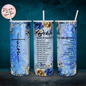 Floral Faith Bible Emergency Tumbler, sublimazione tumbler magro da 20 once, Tumbler in versi della Bibbia del fiore blu, Christian Tumbler Wrap PNG Download