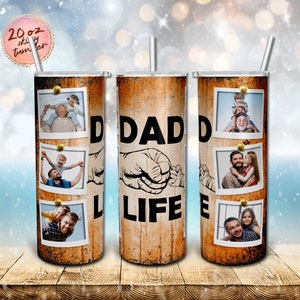 DAD Life Men’s Fist Bump Picture Frame 20oz Skinny Tumbler Sublimation Wood Background Design Dad Life Tumbler Instant PNG Digital Download.