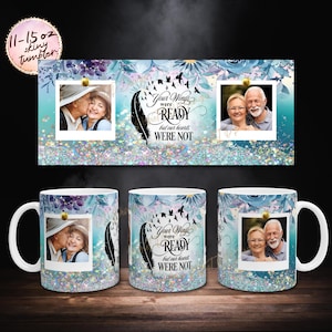 May include: A set of three ceramic mugs and a decorative panel with a floral and glitter design. The mugs and panel feature the text "Your Wings Were Ready But Our Hearts Were Not" and include photos.