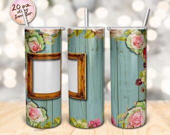 Singolo fotogramma per aggiungere citazione Rose Wood sublimazione Design 20 oz Skinny Tumbler Picture Frame Tumbler PNG Download digitale istantaneo solo bicchieri