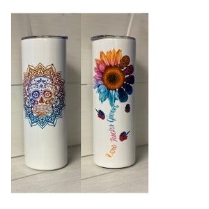 Adult 20 oz Skinny Tumbler with Sugar Skull Mandala Design and Sunflower with &quot;Zero F*cks Given&quot; Saying