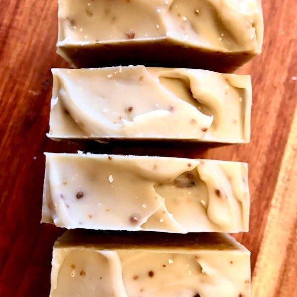 Thai Lemon Goat Milk Soap with Clay. Handmade in small batches with certified organic ingredients. Fragrance and palm oil free.
