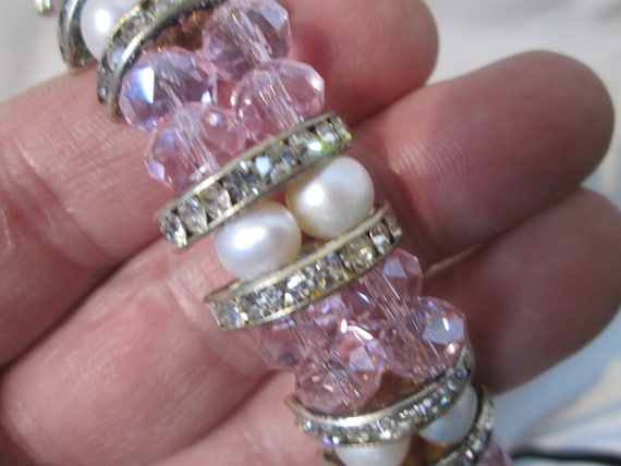 Vintage Pink Crystal Rhinestone Faux Pearl Bracel… - image 1