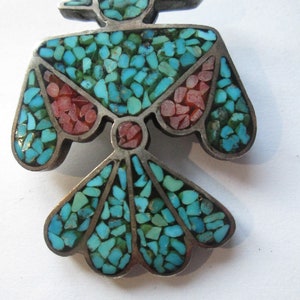 Large 1970s Sterling Turquoise Inlay Thunderbird Brooch Pendant 21 grams