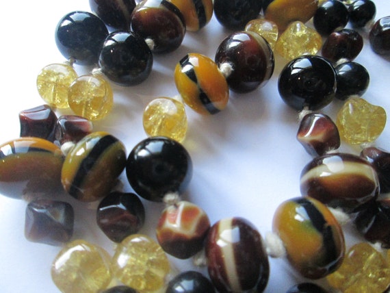 Czech Art Glass Yellow Brown Bead Hand Knotted 30… - image 1