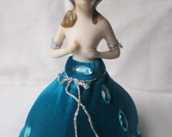 Large Porcelain Half Doll Pin Cushion Jeweled Blue Dress