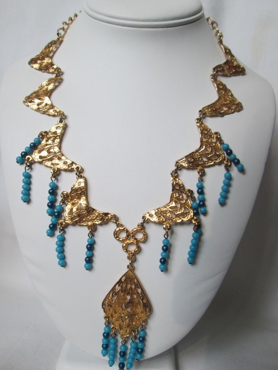 Egyptian Revival Gold Tone Blue Turquoise Drop Ne… - image 1