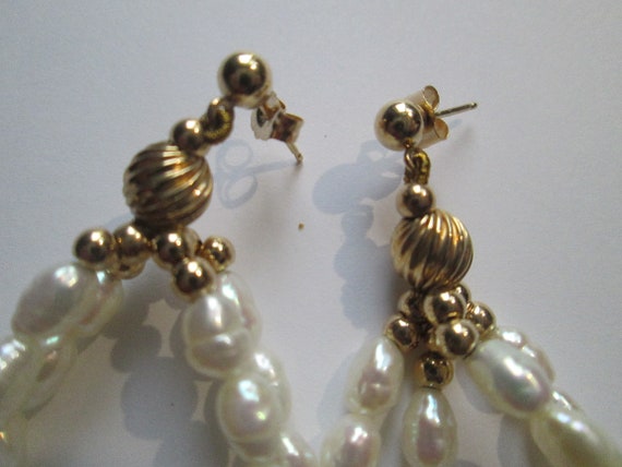 14k Gold Beaded Pearl Drop Earrings - image 3