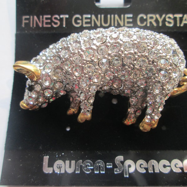 1980s Designer Austrian Crystal Clear Rhinestone Pig Brooch