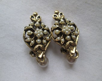 Fleur De Lis Faux Seed Pearl Drop Clip Earrings