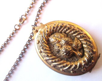 Antique Large Raised Brass Oval Locket Necklace