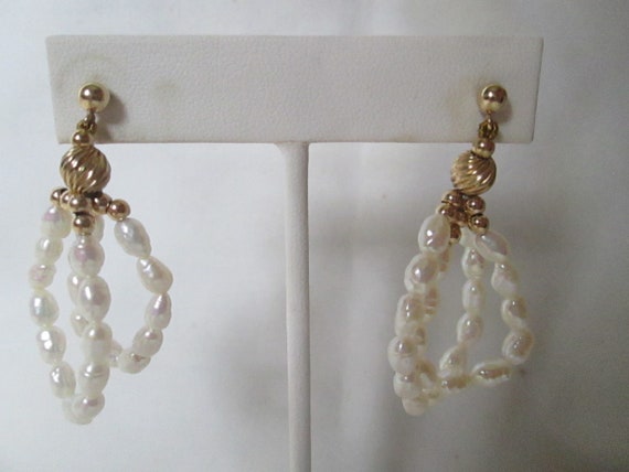 14k Gold Beaded Pearl Drop Earrings - image 1