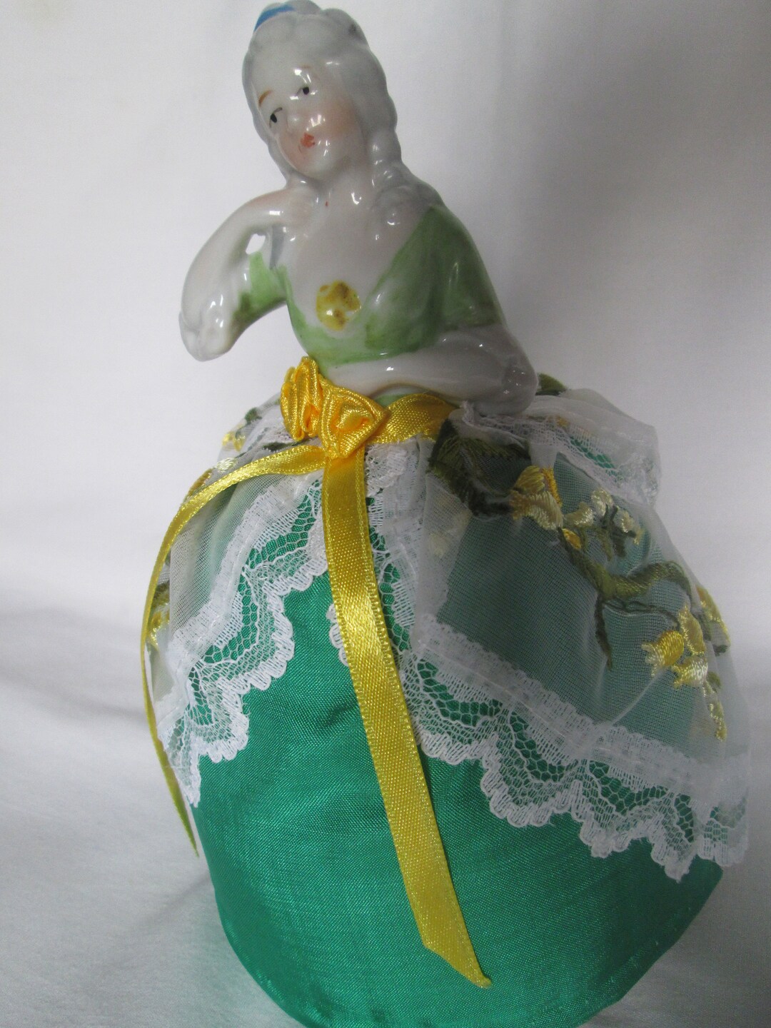 Porcelain Half Doll Pin Cushion Green Yellow Lace Dress - Etsy