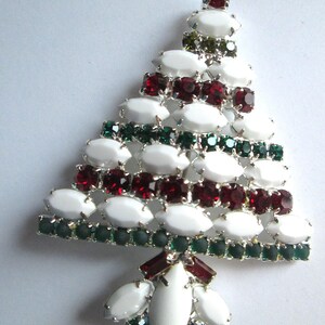 1980s KJL Kenneth Lane Christmas Tree Brooch Milk Glass Rhinestones