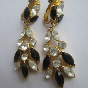 Signed Trifari Clear Black Dangle Drop Rhinestone Clip Earrings