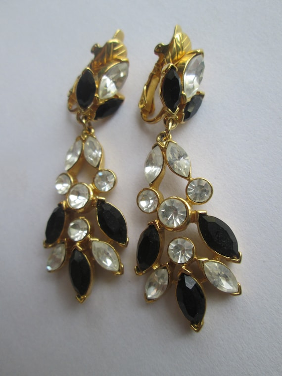 Signed Trifari Clear Black Dangle Drop Rhinestone… - image 1