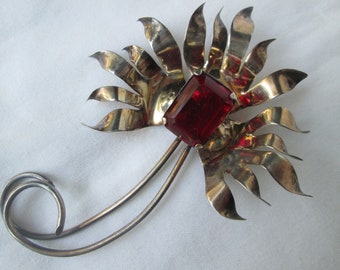 1930s Large Sterling Ruby Red Rhinestone Flower Brooch