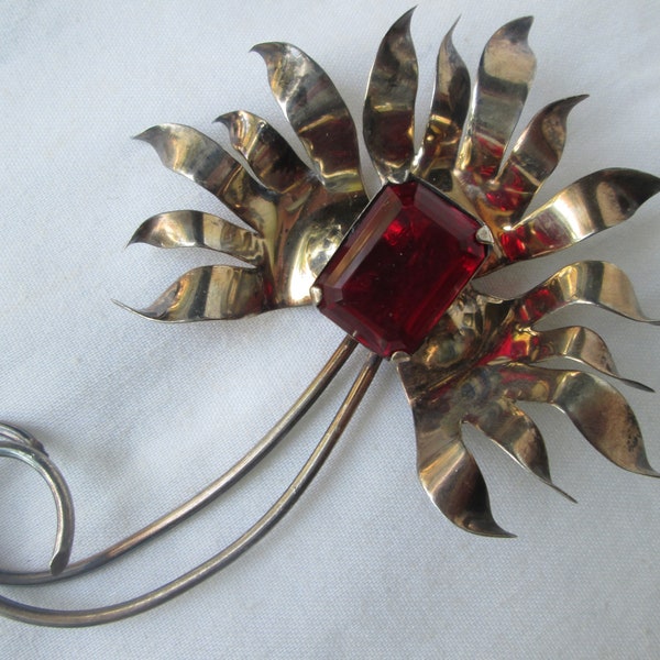 1930s Large Sterling Ruby Red Rhinestone Flower Brooch