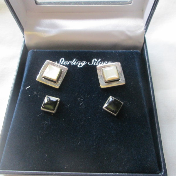 Sterling Mother Of Pearl & Onyx Stud Earrings in Box