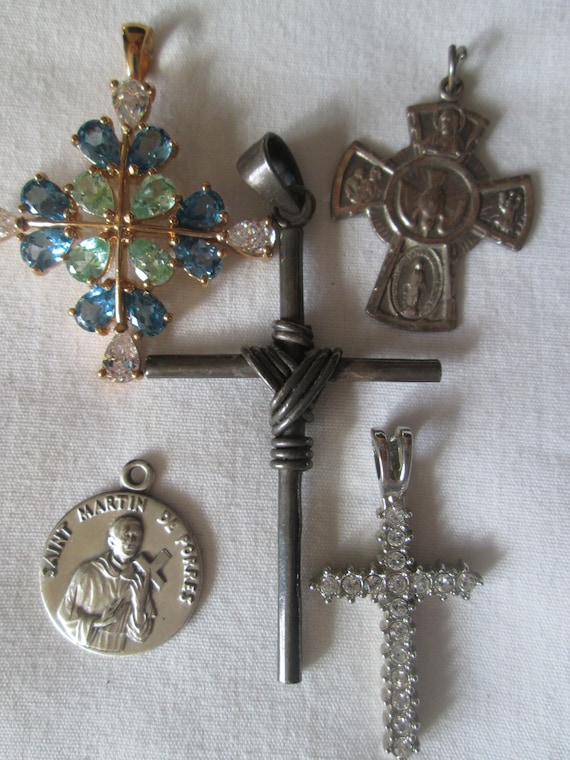 5 Vintage Sterling Cross Religious Pendant LOT