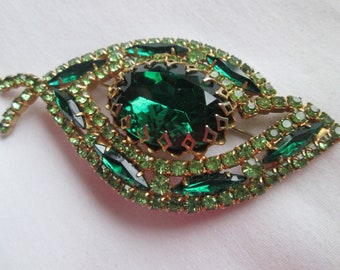 Judy Lee Leaf Emerald Green Rhinestone Brooch