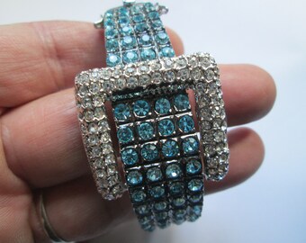 Aqua Blue Clear Rhinestone Belt Buckle Hinged Bracelet