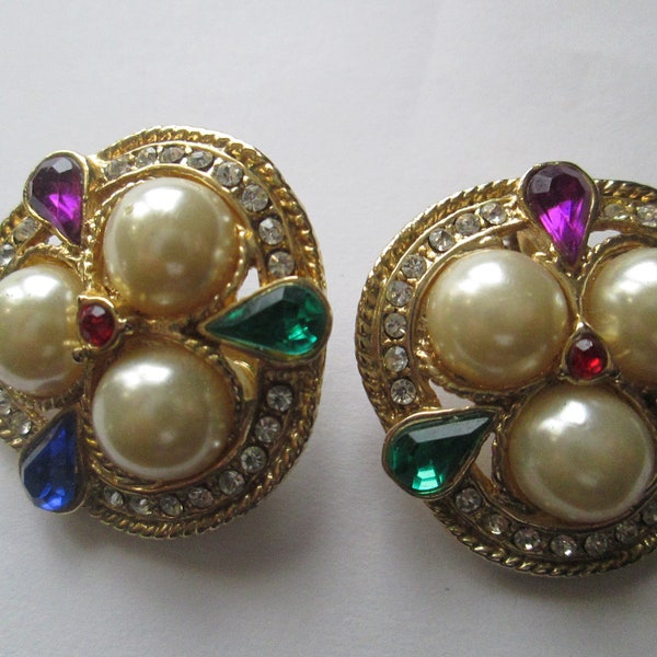 1980s Jeweled Crystal Rhinestone Pearl Clip Earrings