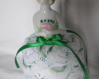 Porcelain Half Doll Pin Cushion Lace Dress Green Ribbon