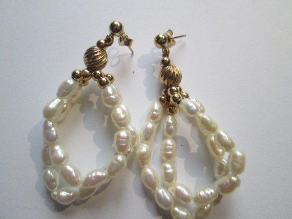 14k Gold Beaded Pearl Drop Earrings - image 2