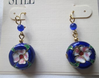 Cloisonne Blue Enamel Gold Drop Flower Earrings