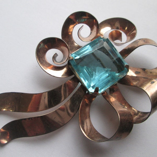 1940s Rose Gold Sterling Aqua Blue Stone Ribbon Bow Brooch