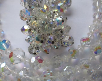 1950s AB 3 Strand Crystal Glass 3pc Set Necklace Brooch Earrings