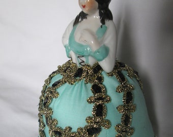 Porcelain Half Doll Pin Cushion Green Dress