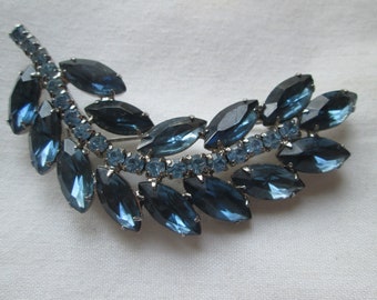 Sapphire Blue Rhinestone Leaf Brooch Prong Set