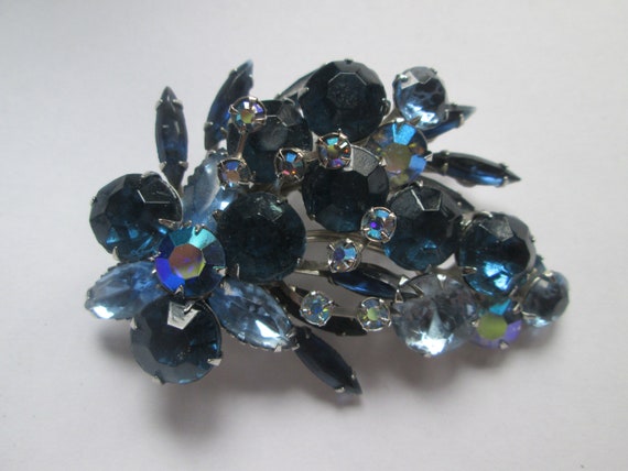 Beau Jewels Blue Rhinestone Floral Spray Brooch - image 1