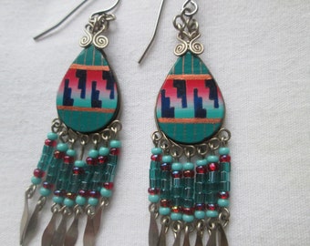 Native Hand Made Beaded Dangle Drop Earrings Turquoise