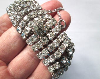 1950s Clear Rhinestone 6 Row Wide Bracelet Safety Chain