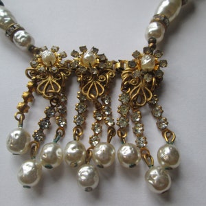 Signed Miriam Haskell Baroque Pearl Rhinestone Flower Drop Necklace